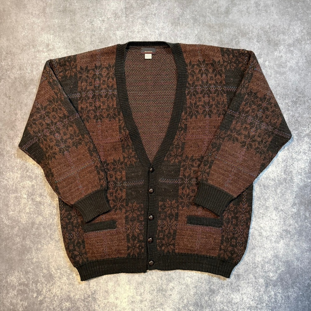 Mark Shale Men XL Virgin Wool Cardigan Sweater Brown Fair Isle Geometric Uruguay
